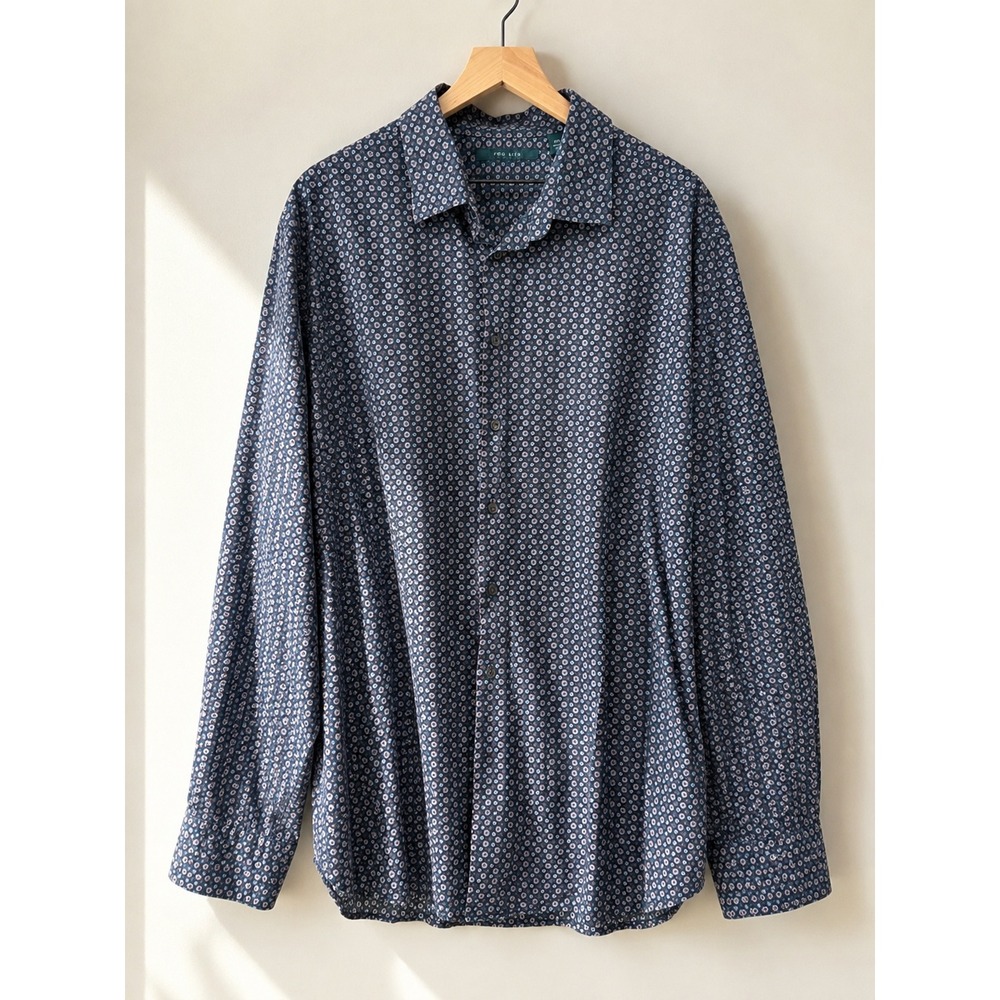 Perry Ellis Long Sleeve Button Up Navy Blue Floral Medallion Modern 2XLT